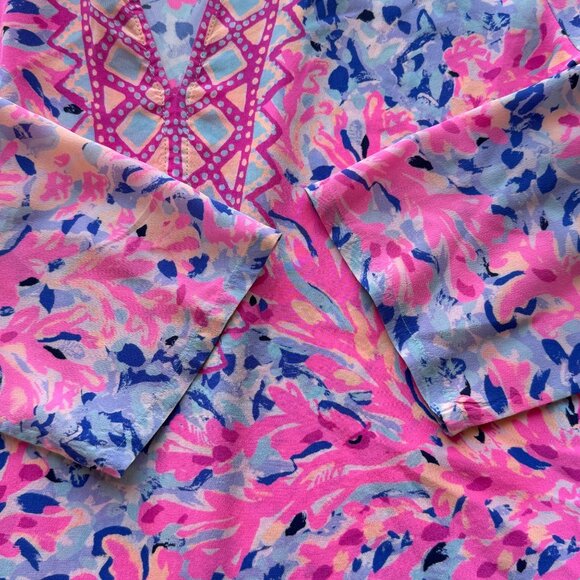 Lilly Pulitzer Womens 100% Silk Tunic Small Pink Blue Floral Print Long Sleeve - Picture 3 of 5